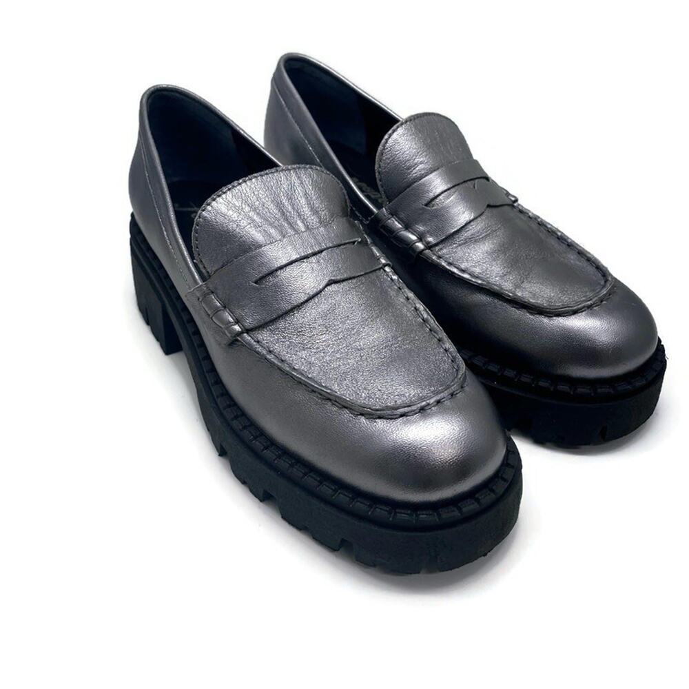 Free People LYRA Pewter Silver‎ Penny Loafers Women's 38 US 7.5 Chunky Lug Sole